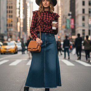 Zara Women's Gingham Tiered Bib Long Sleeves Mock Neck Top Red/Black Size M